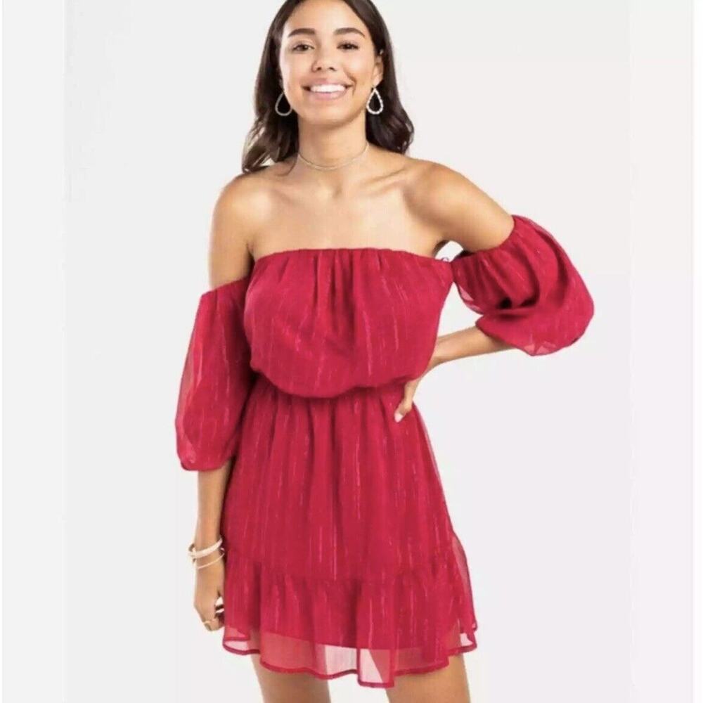 NWT Francesca’s Off The Shoulder Red Wine Shimmer Mini Ruffle Dress Size Medium - Picture 1 of 16